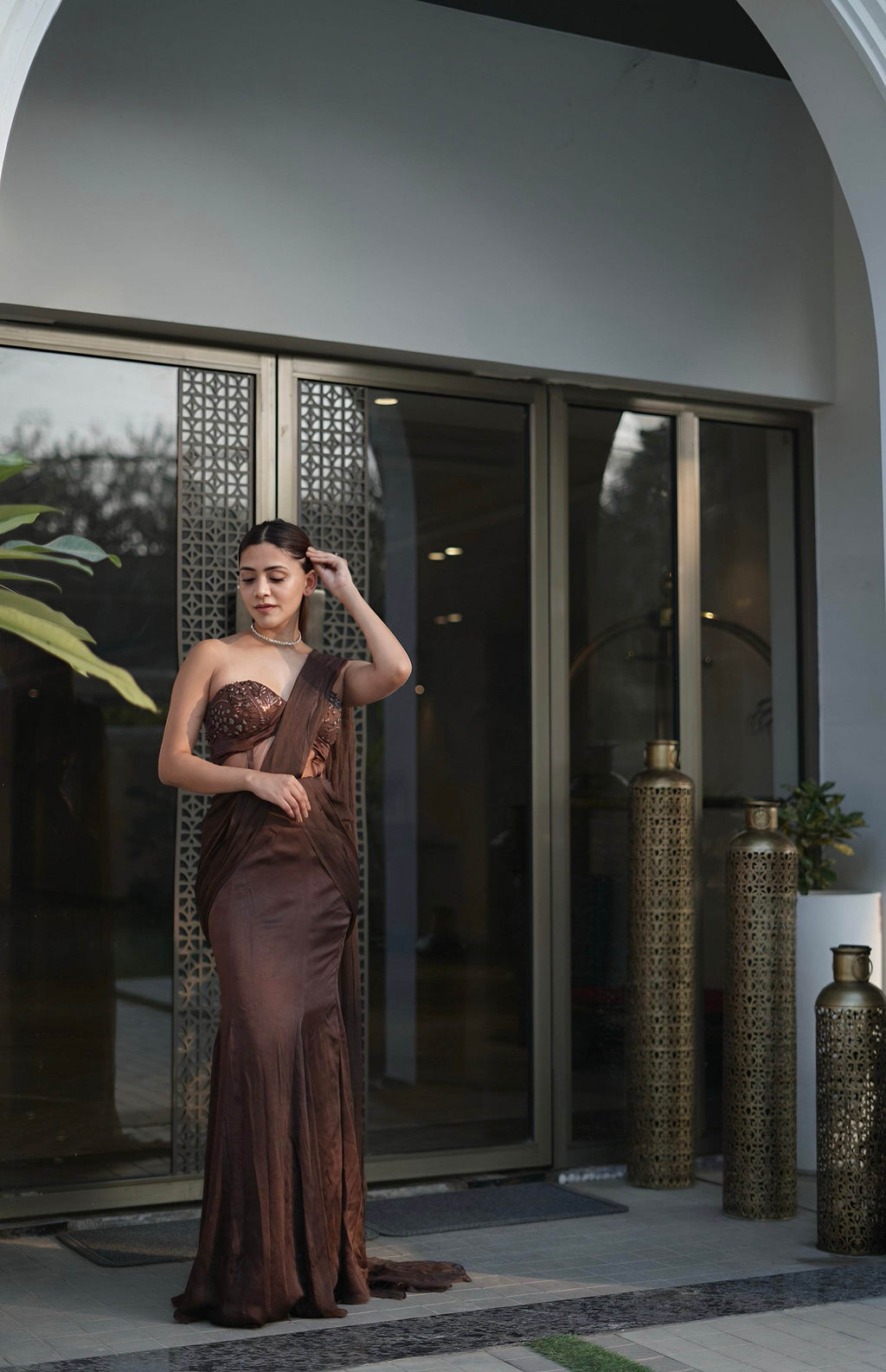 Cocoa Brown Pre-Stitched Saree Set - That Gal