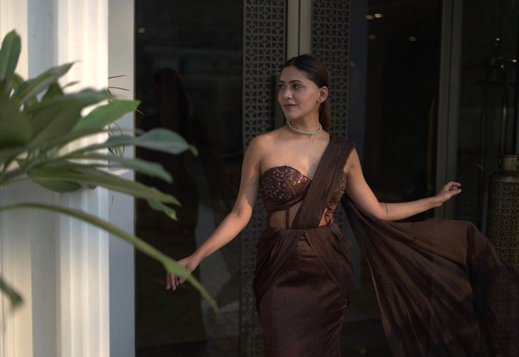 Cocoa Brown Pre-Stitched Saree Set - That Gal
