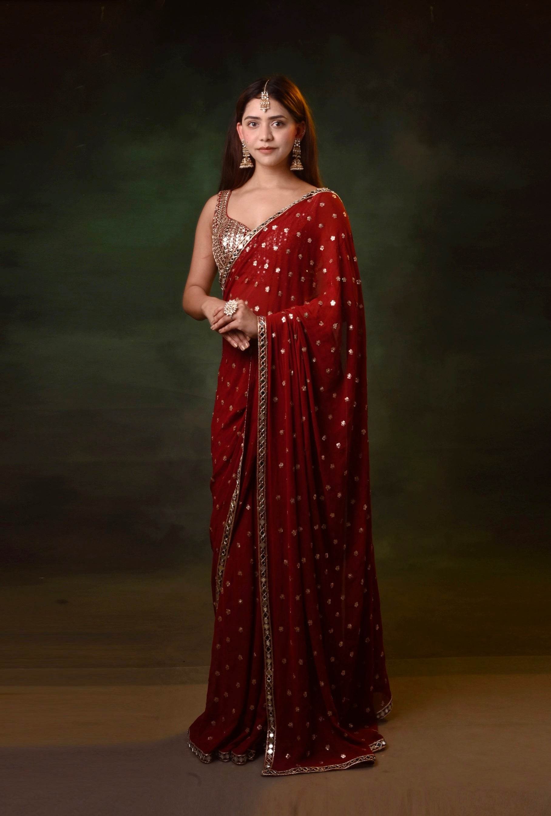 Deep Red Mirror Work Saree - That Gal