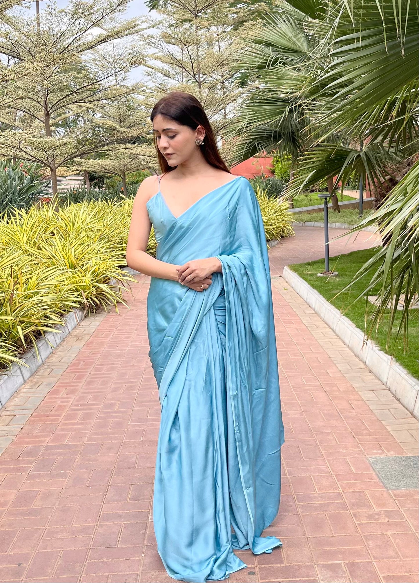 Hand-Dyed Satin Saree - Cool Blue