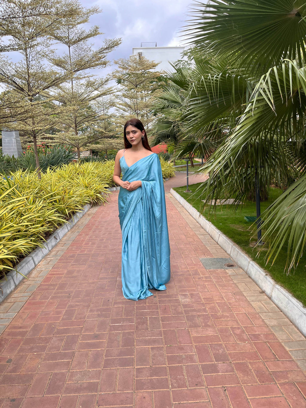 Hand-Dyed Satin Saree - Cool Blue - That Gal