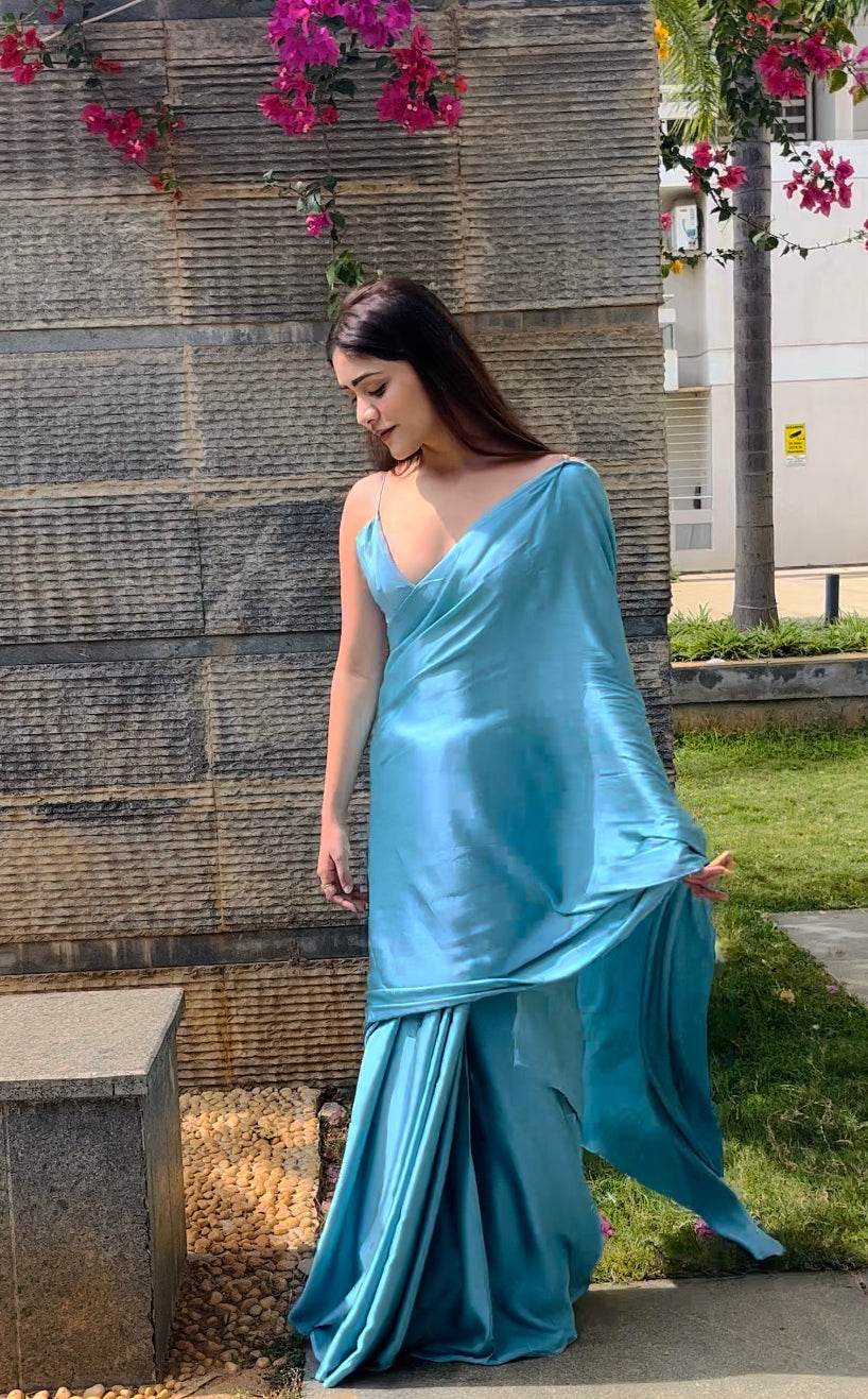 Hand-Dyed Satin Saree - Cool Blue - That Gal