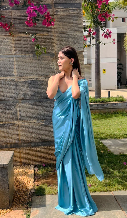 Hand-Dyed Satin Saree - Cool Blue