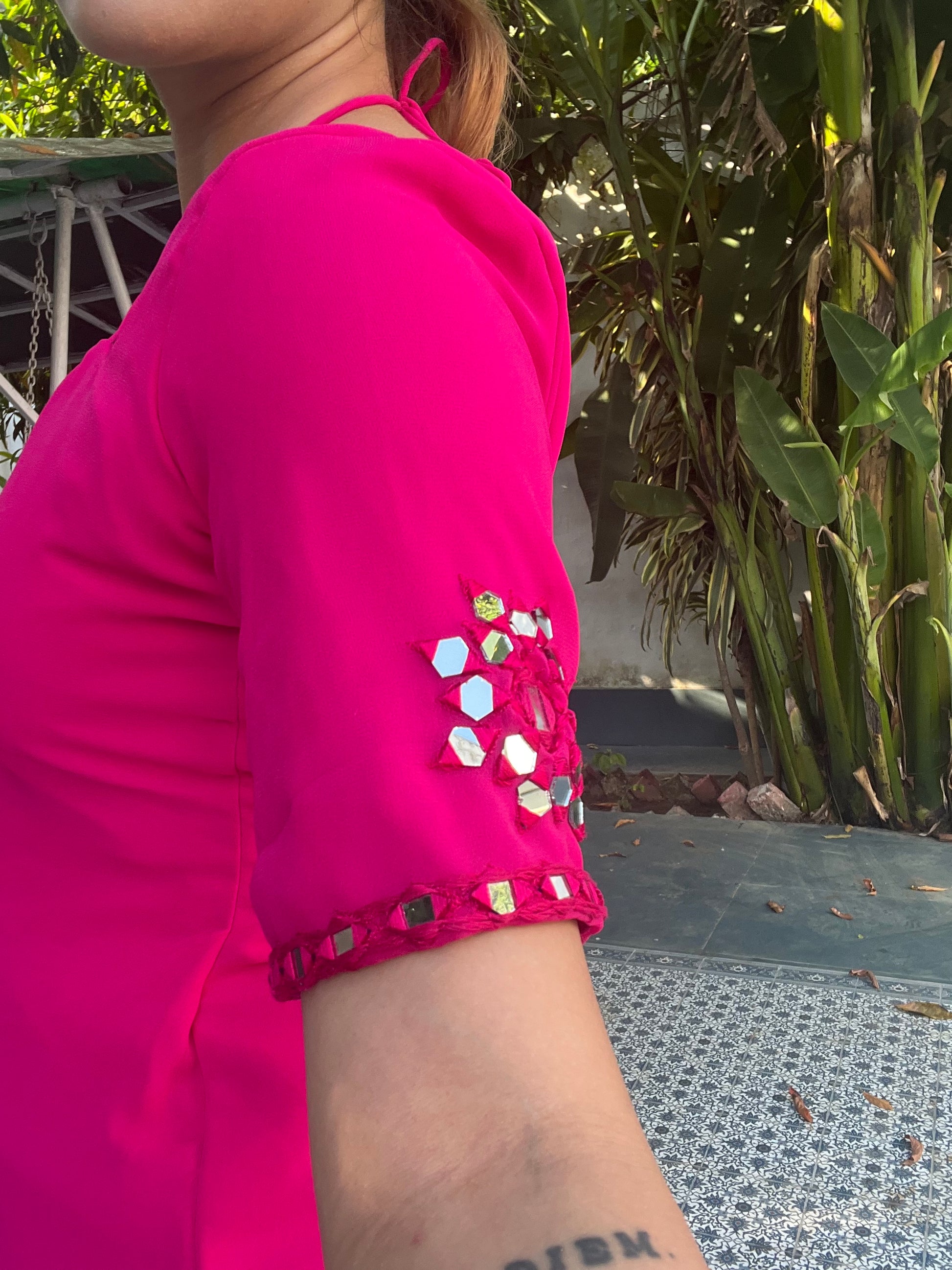Laila Mirror Work Kurti - Raani Pink