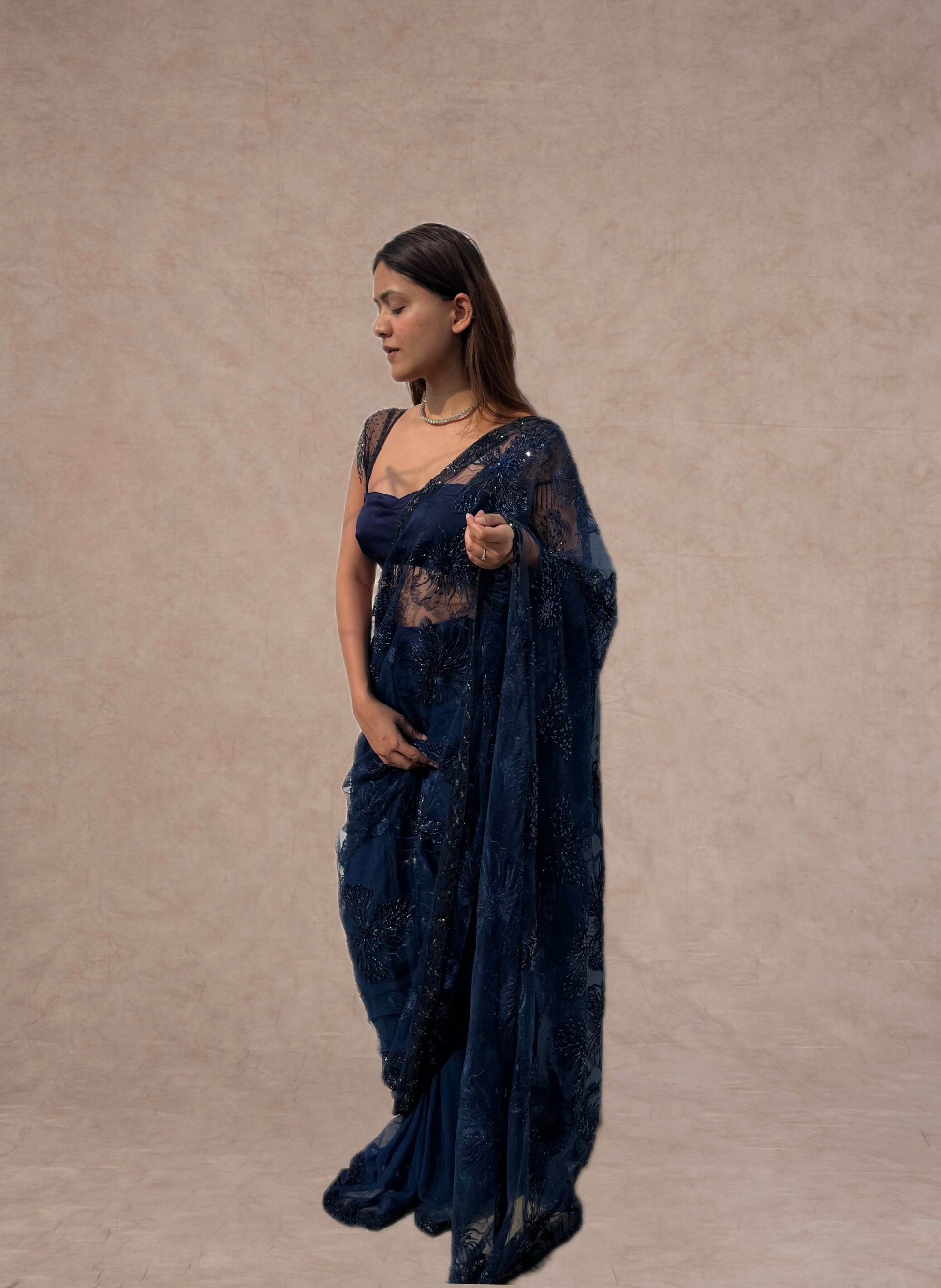Raha - Deep Blue Hand Embroidered Saree - That Gal