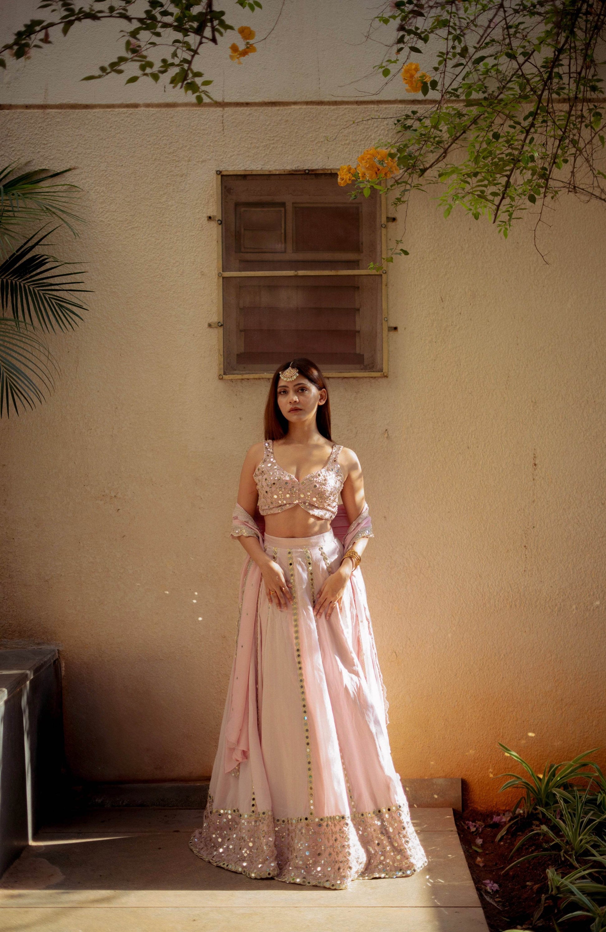 Pastel Pink Mirror Work Lehenga Set - That Gal