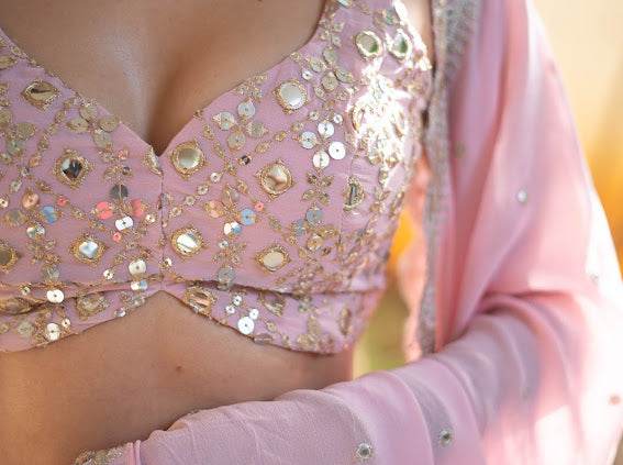 Pastel Pink Mirror Work Lehenga Set - That Gal
