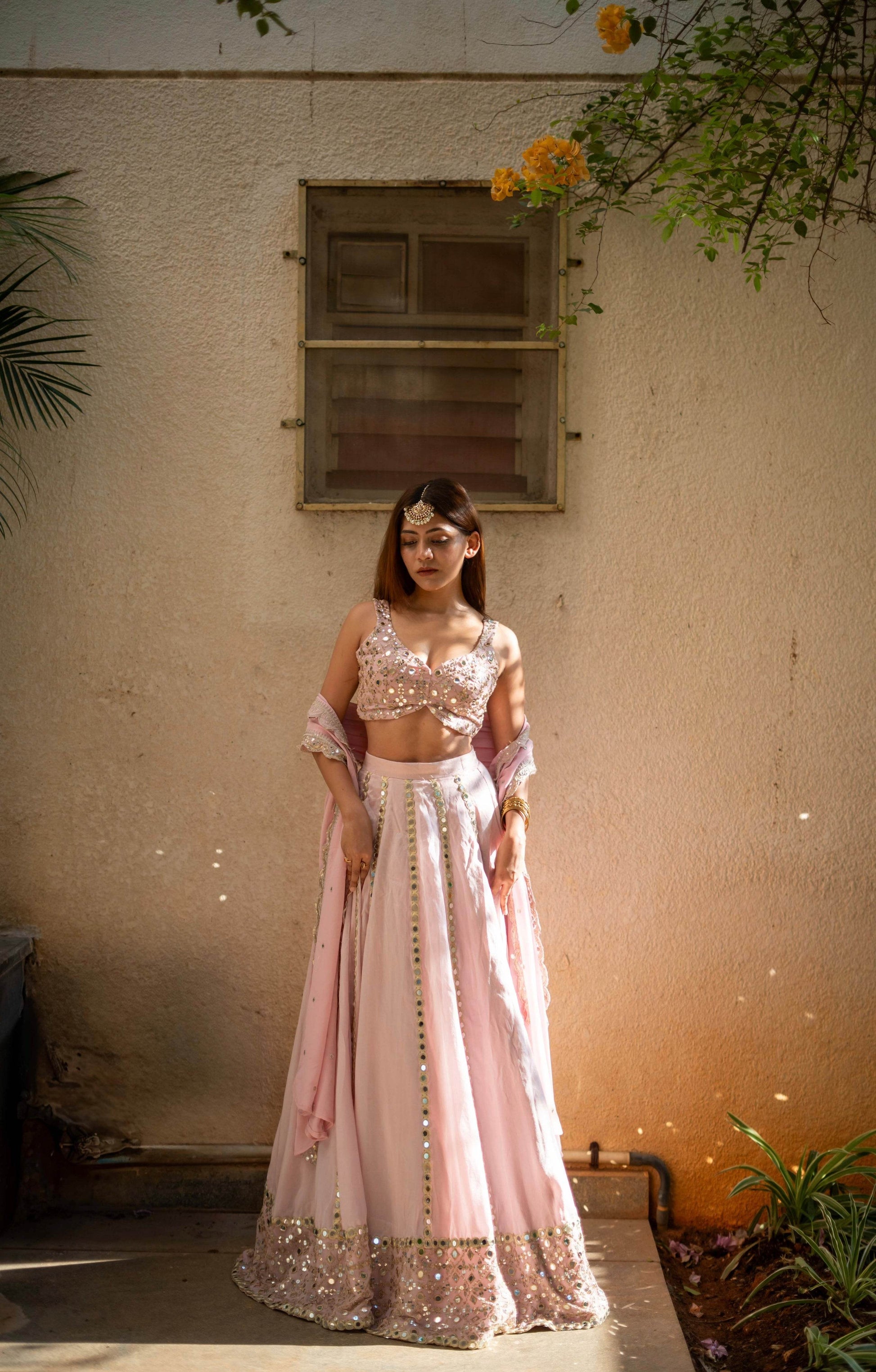 Pastel Pink Mirror Work Lehenga Set - That Gal