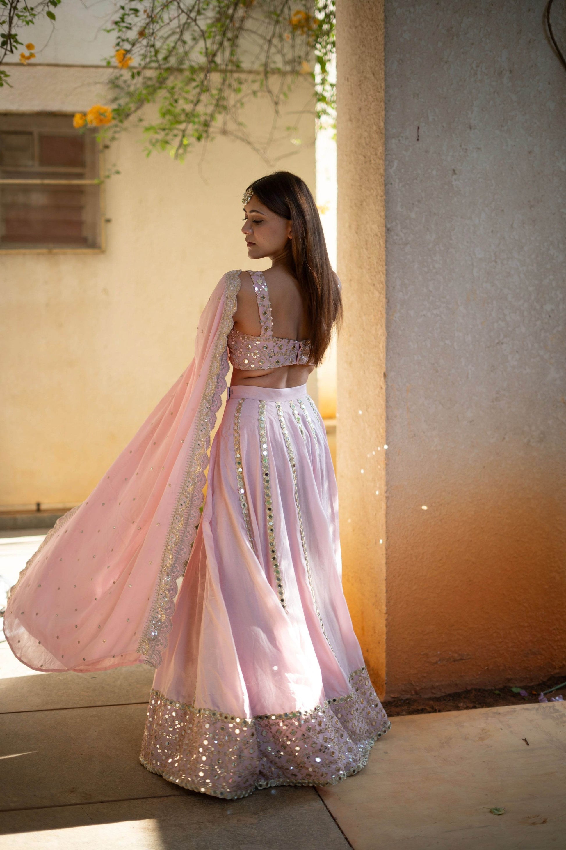 Pastel Pink Mirror Work Lehenga Set - That Gal