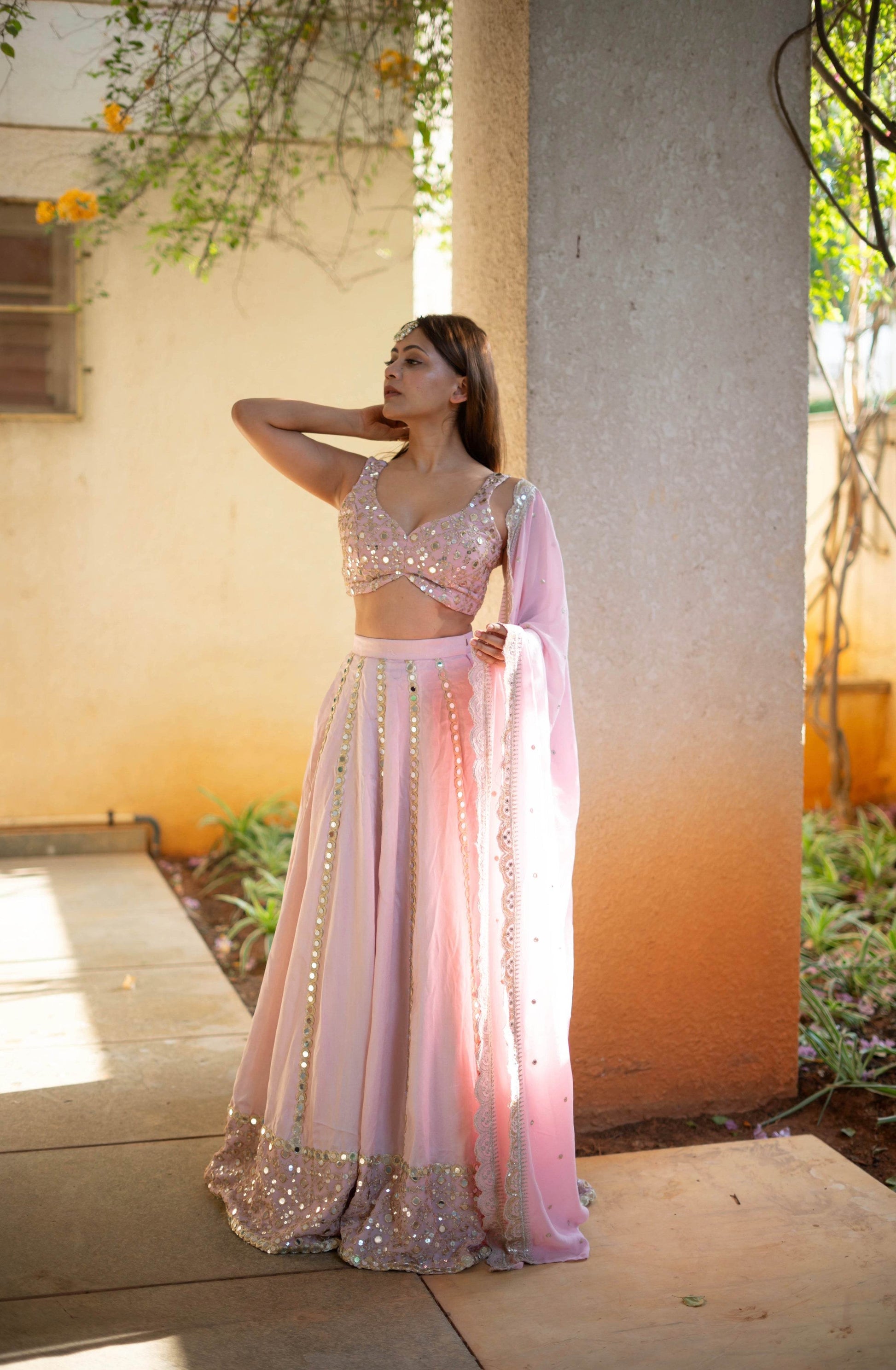 Pastel Pink Mirror Work Lehenga Set - That Gal
