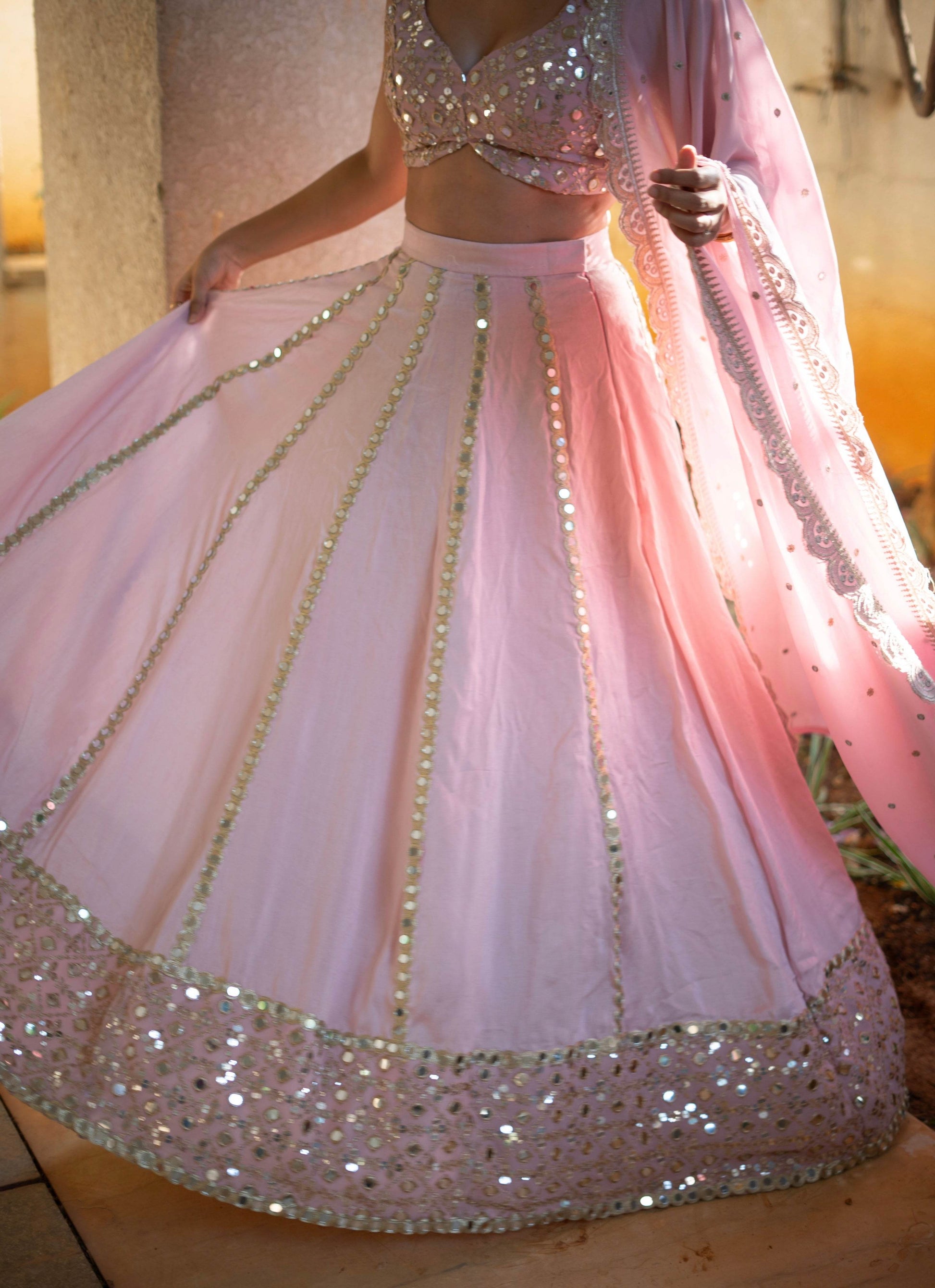 Pastel Pink Mirror Work Lehenga Set - That Gal