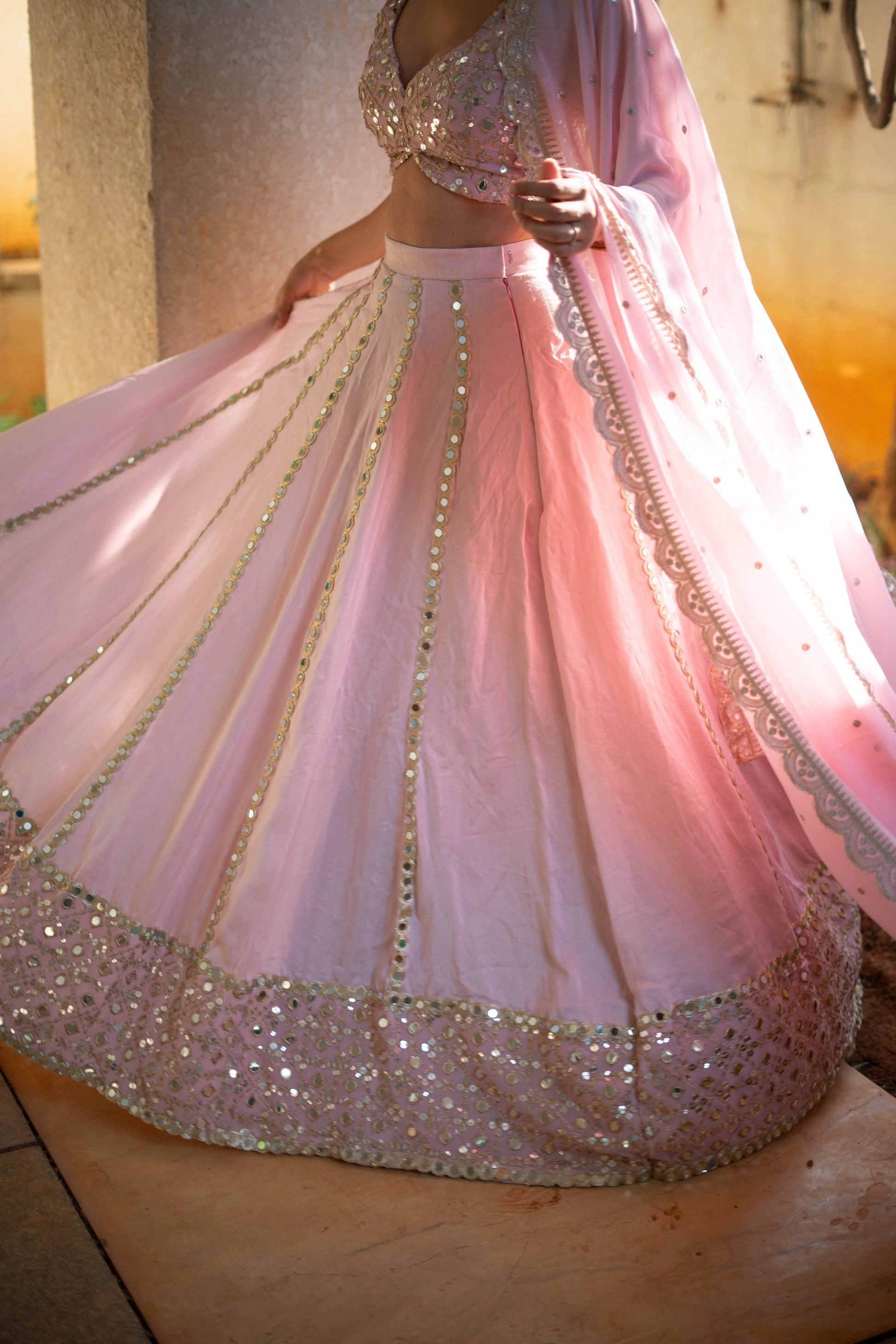 Pastel Pink Mirror Work Lehenga Set - That Gal
