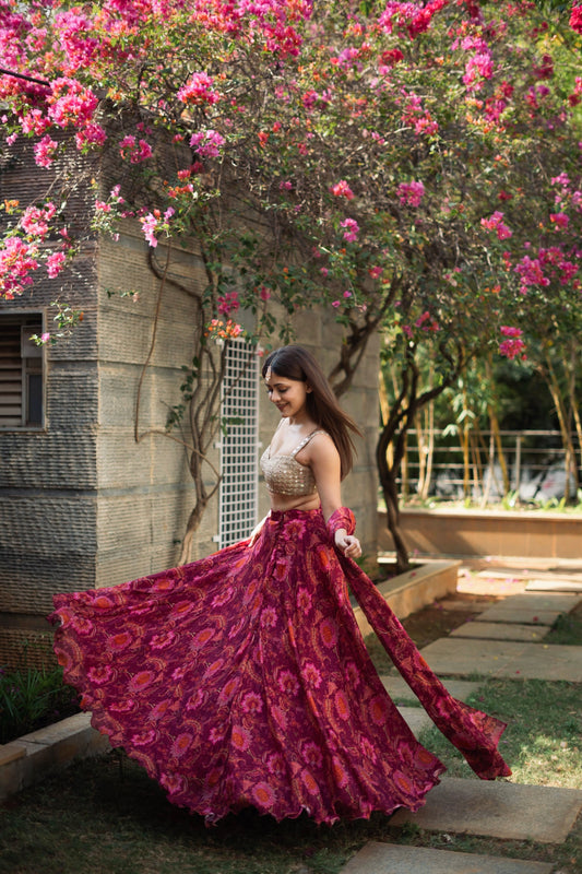 Gul Lehenga Set With Mirror Work Blouse