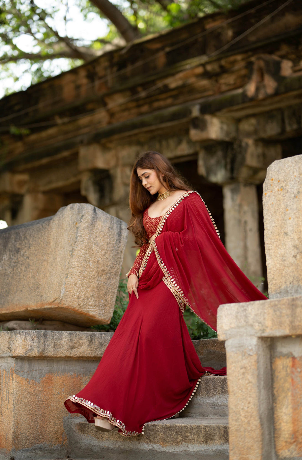 Sindoori Red Mirror Work Saree - That Gal