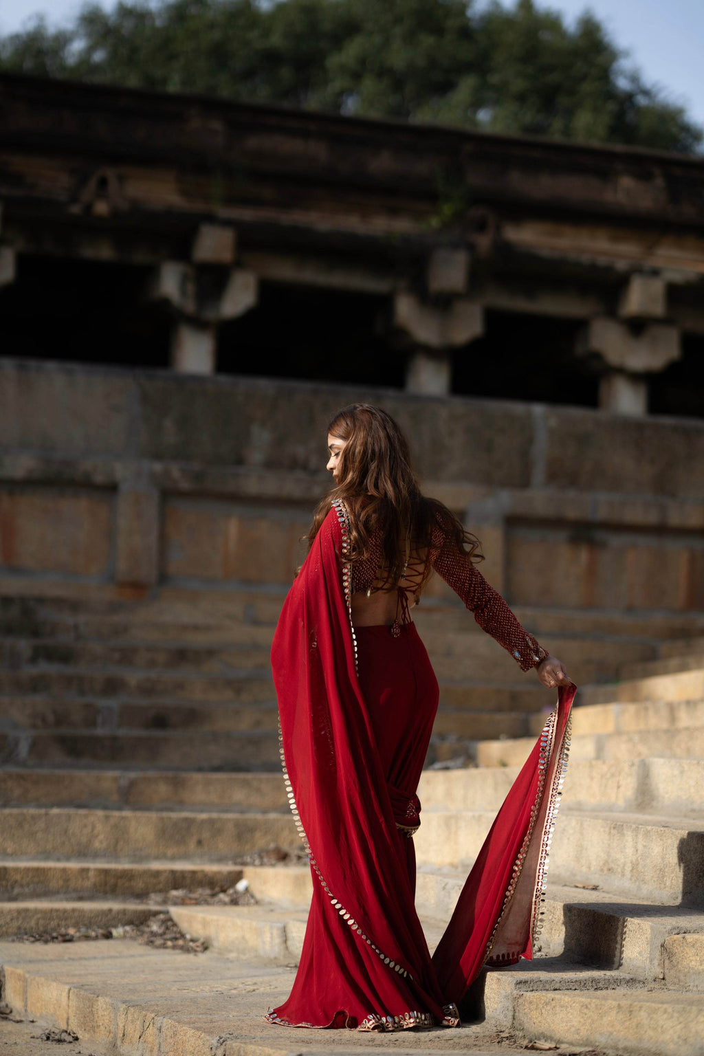 Sindoori Red Mirror Work Saree - That Gal