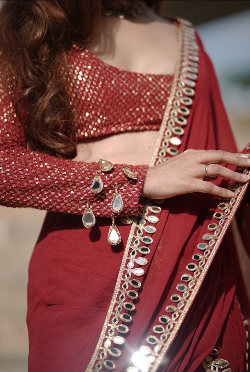 Sindoori Red Mirror Work Saree - That Gal