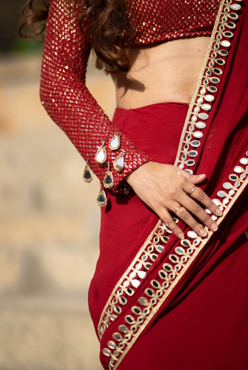 Sindoori Red Mirror Work Saree - That Gal