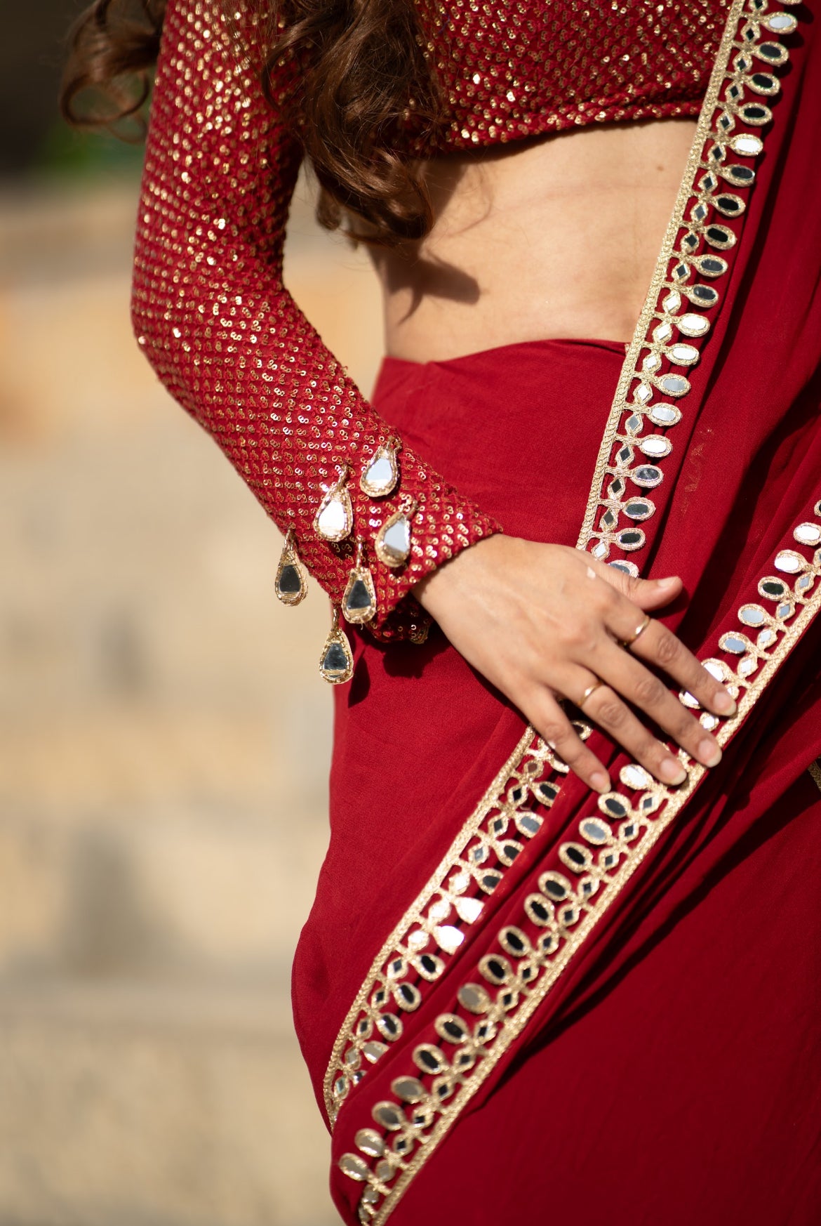 Sindoori Red Mirror Work Saree