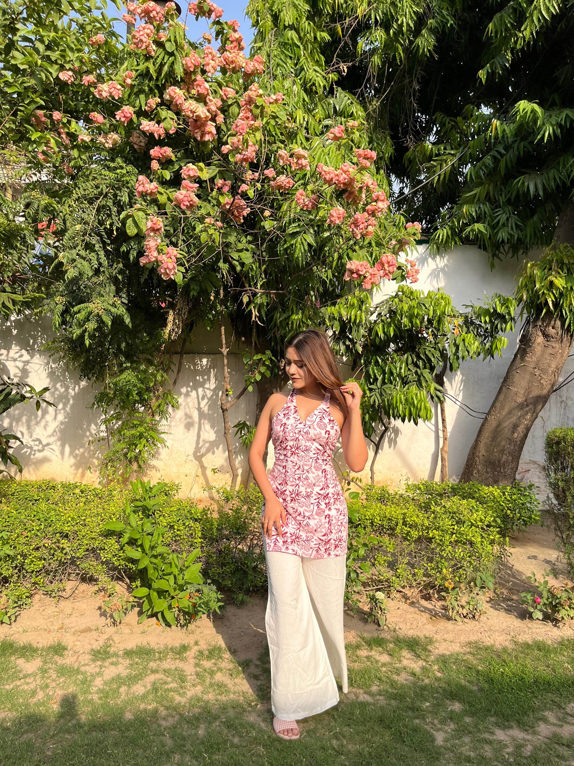 Kavya Halter Neck Sanganeri Print Kurti - That Gal