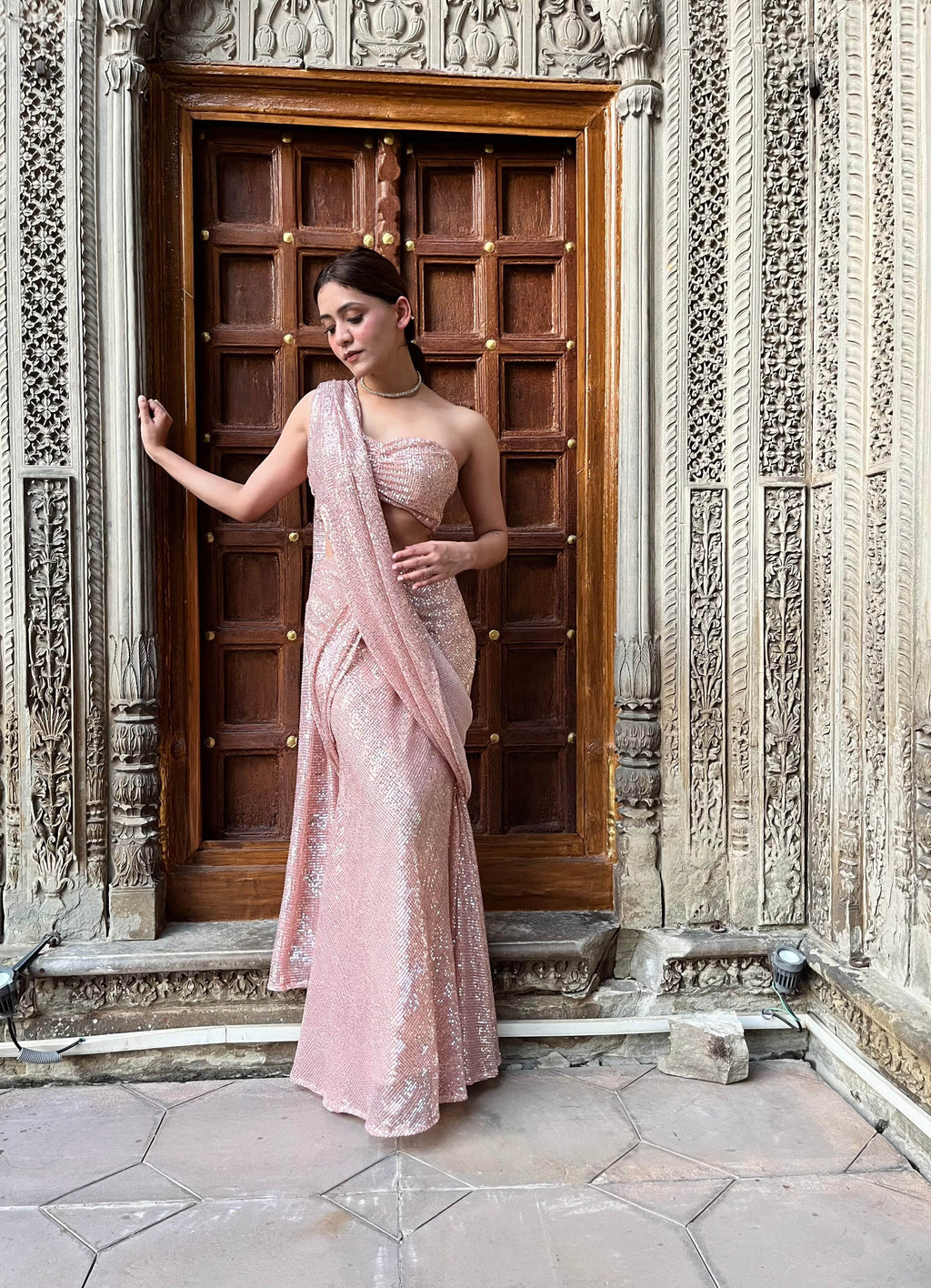 Leah Blush Pink Sequin Saree - That Gal