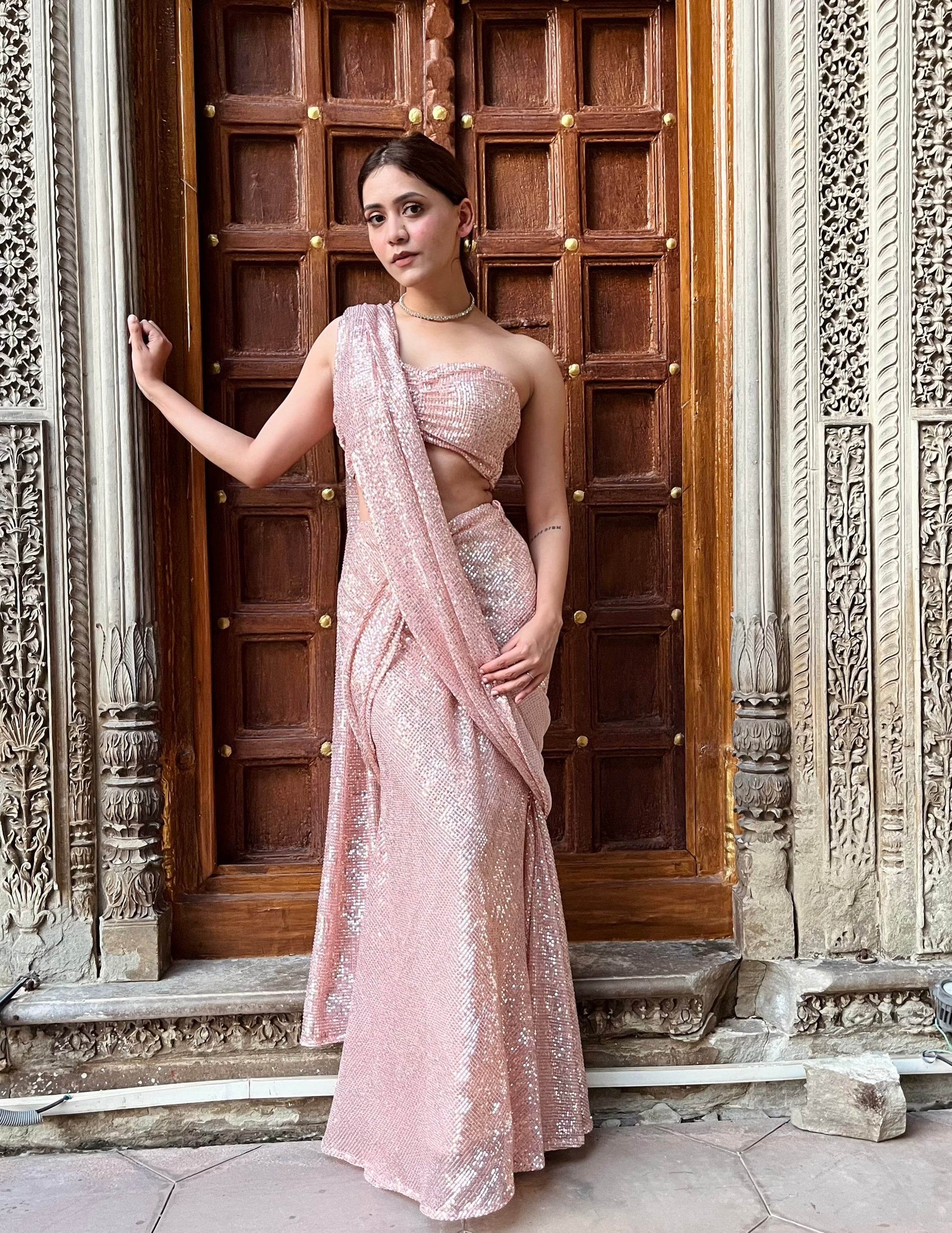 Leah Blush Pink Sequin Saree - That Gal