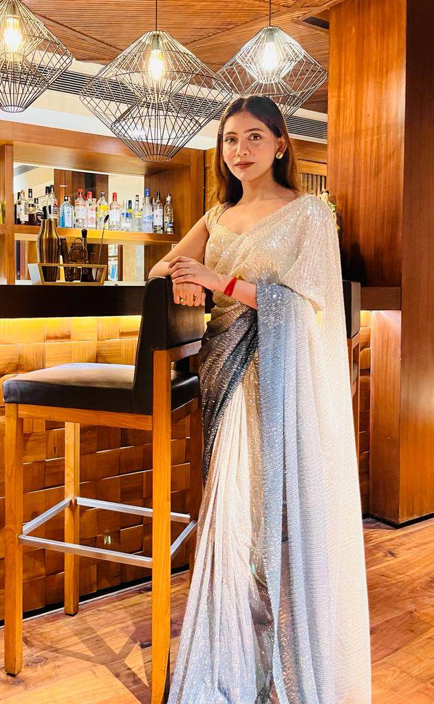 Zeniya Ombre Sequin Saree - Off White & Sea Blue - That Gal
