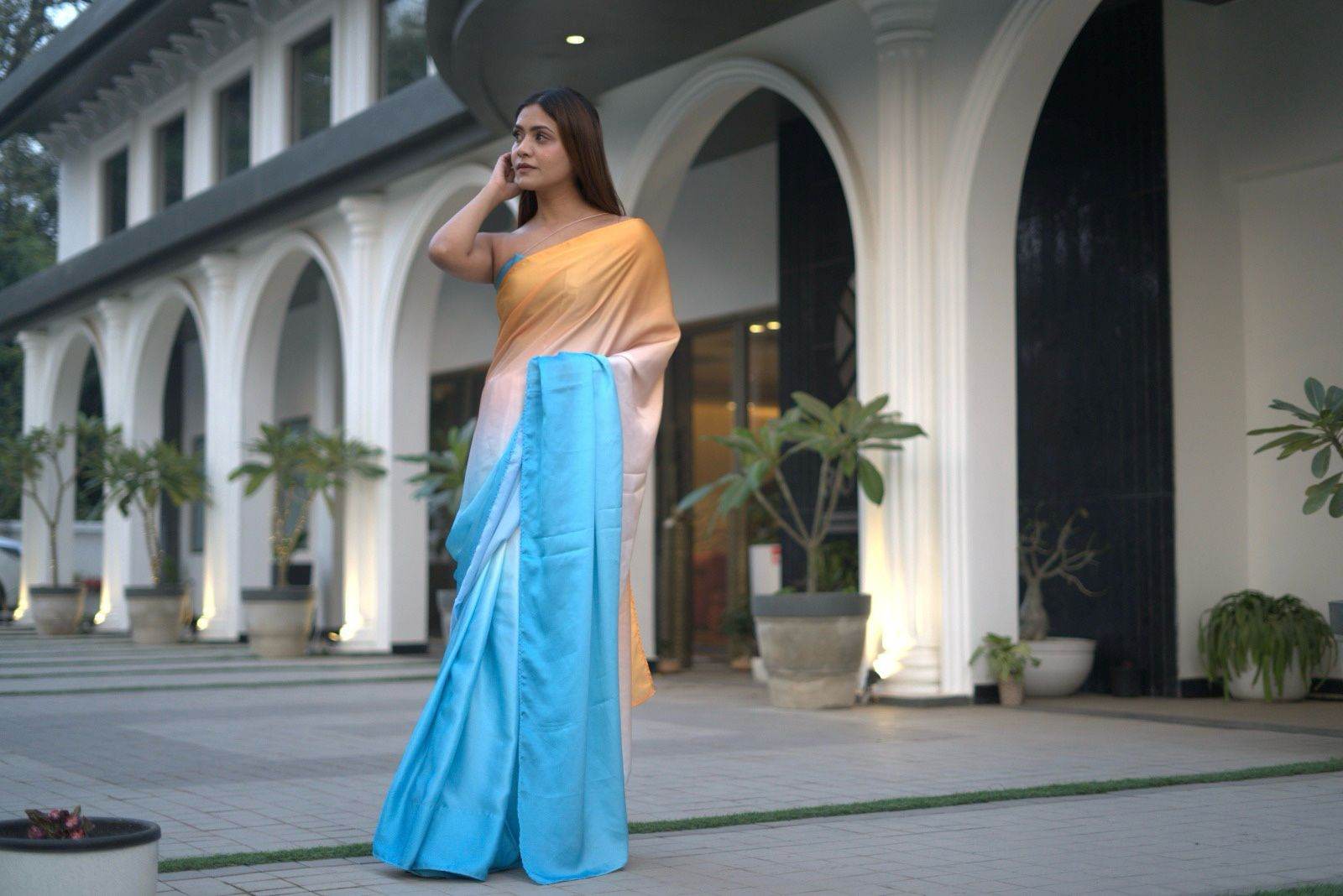 Blue-Yellow Ombre Satin Saree - That Gal