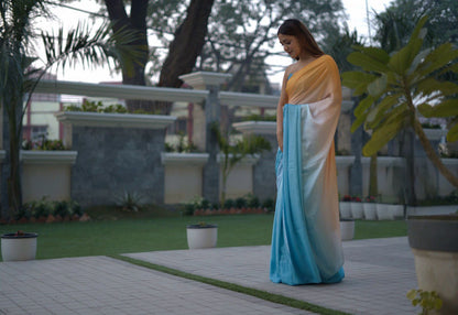 Blue-Yellow Ombre Satin Saree