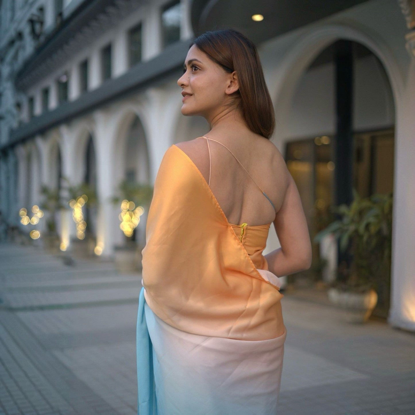 Blue-Yellow Ombre Satin Saree