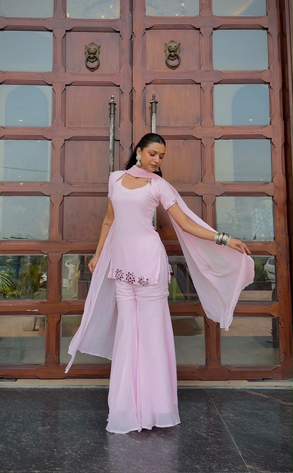 Light Pink Mirror Work Sharara Set