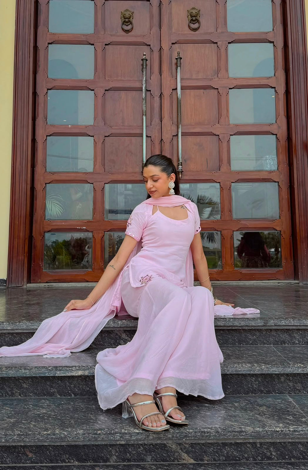 Light Pink Mirror Work Sharara Set