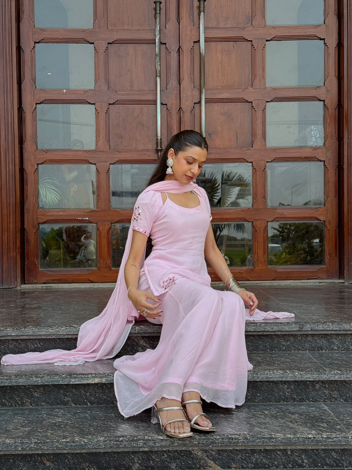 Light Pink Mirror Work Sharara Set