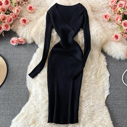 Retro Sexy Deep V-neck Knitted Dress