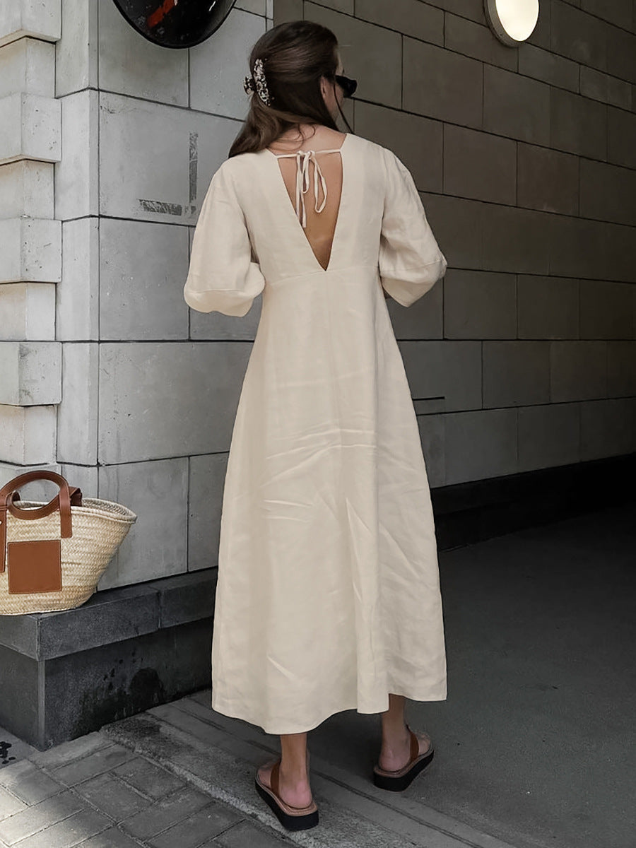 Mae Cotton Linen Puff Sleeve Dress