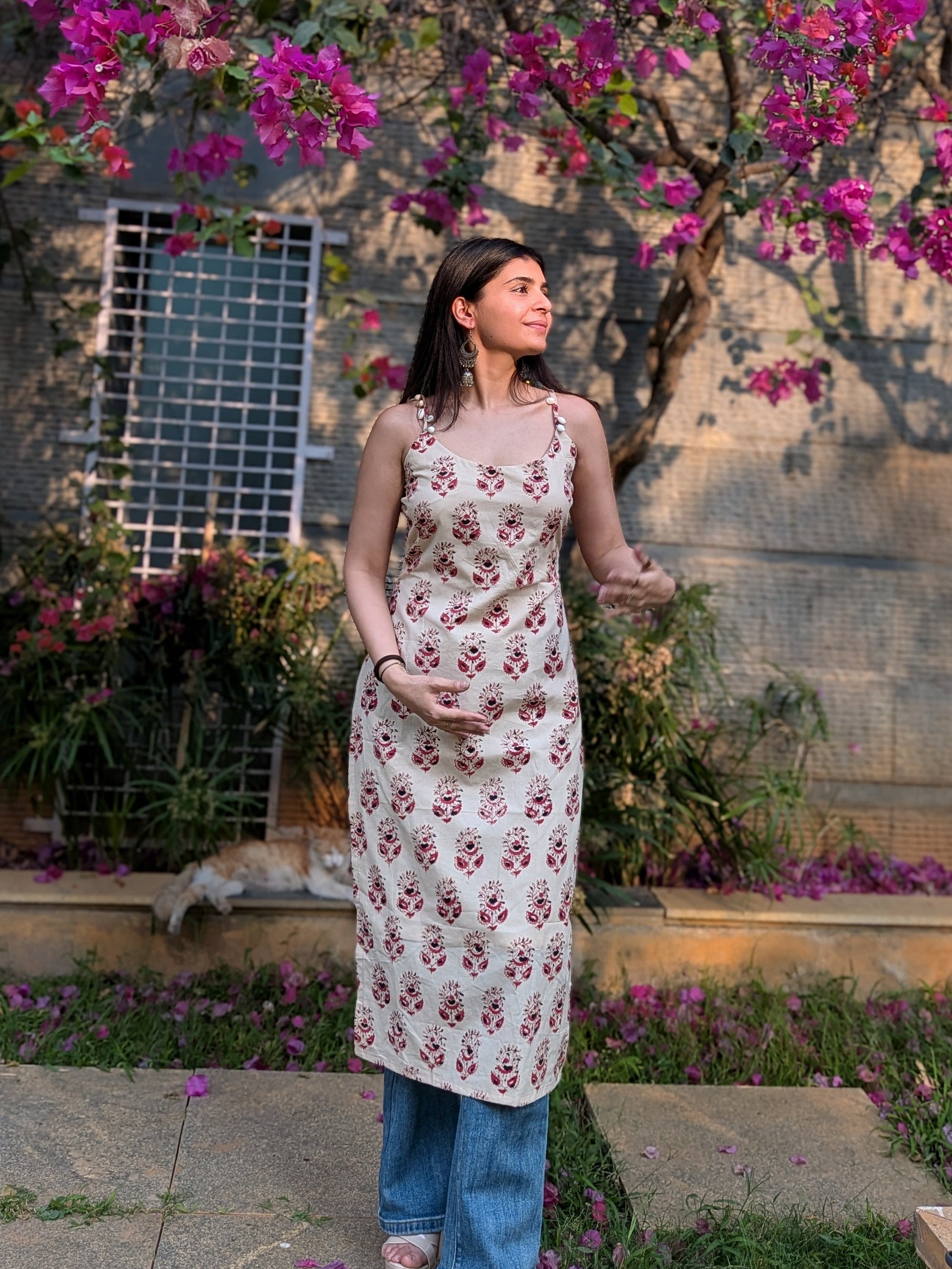 Raaha Bagru Print Kurti - Beaded Strap
