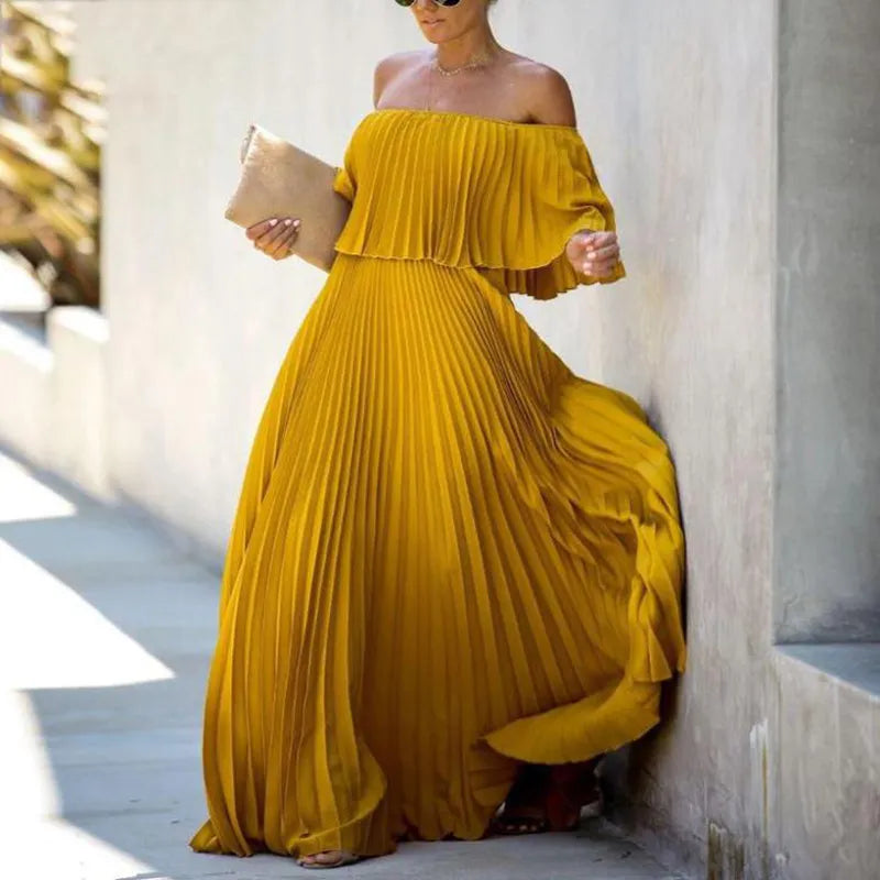 Aria : Off-Shoulder Pleated Chiffon Dress