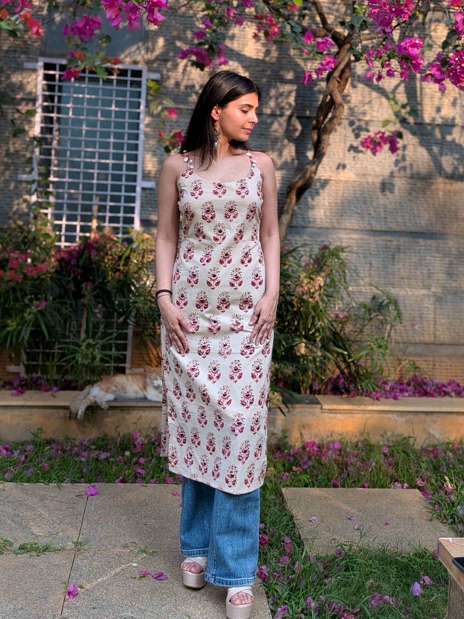 Raaha Bagru Print Kurti - Beaded Strap